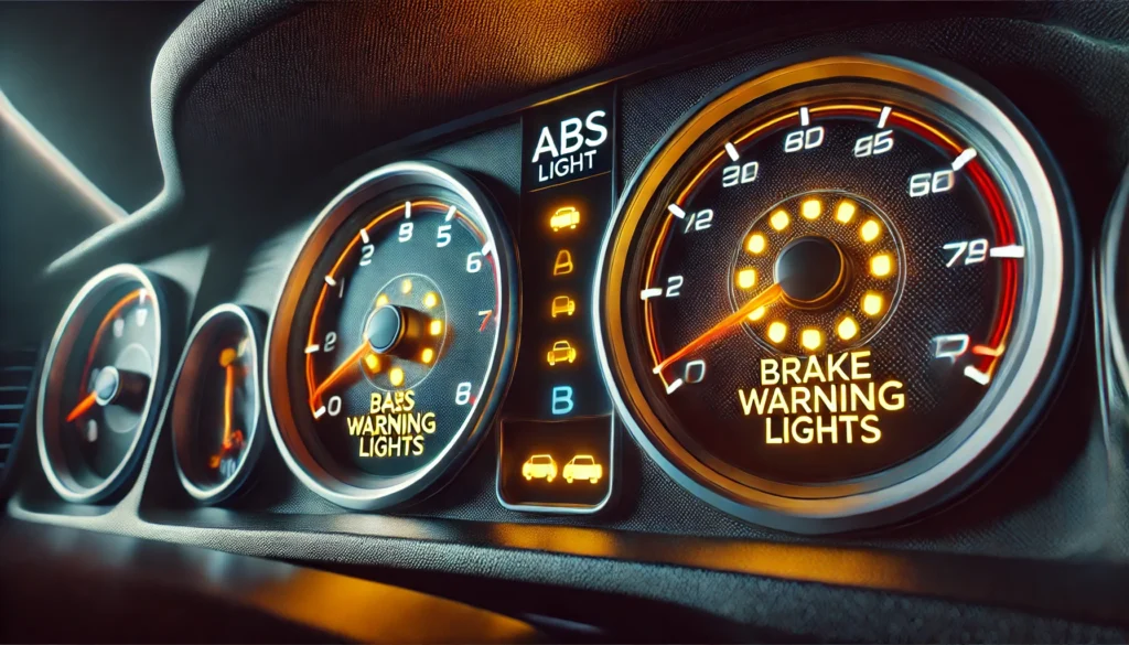 Car dashboard showing ABS and brake warning lights on.