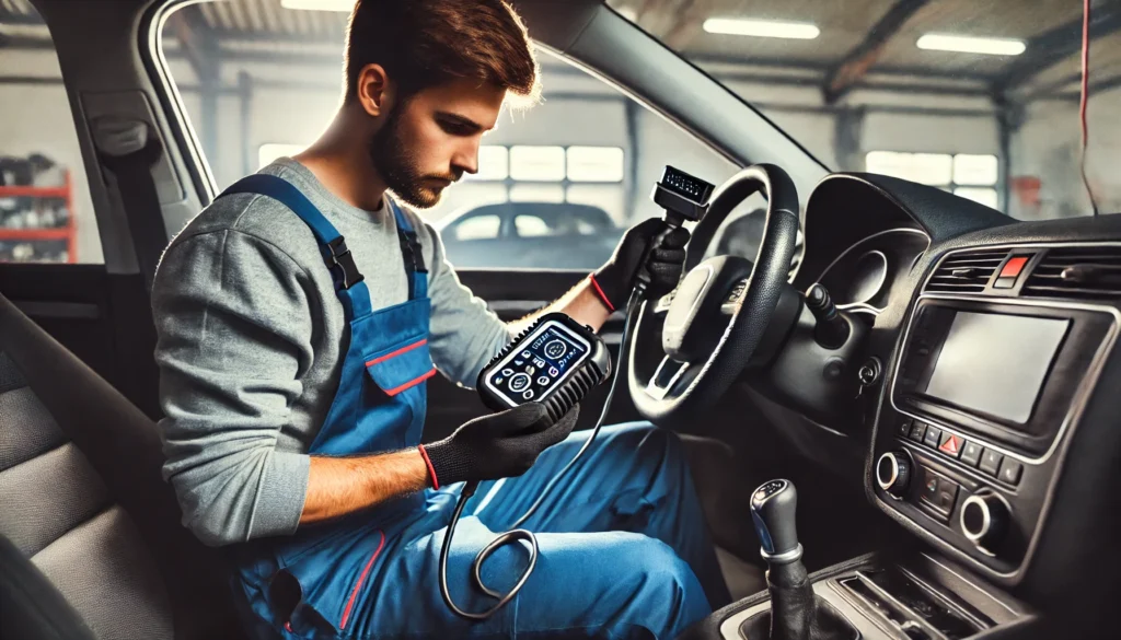 Mechanic using a diagnostic tool during a vehicle inspection.