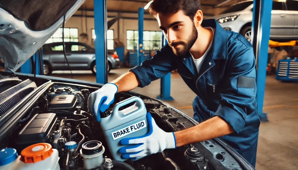 Mechanic checking the brake fluid level in a vehicle.