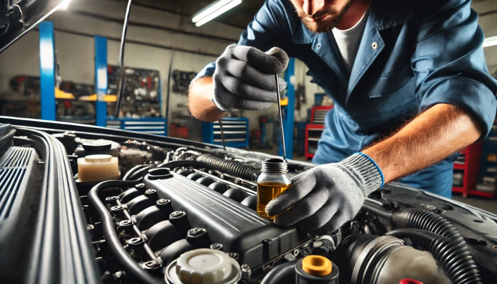 Mechanic inspecting the engine oil level on a dipstick.