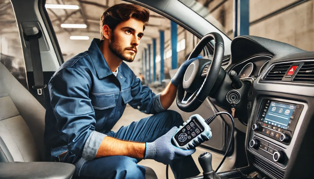 Mechanic using a diagnostic tool to check for brake system faults.