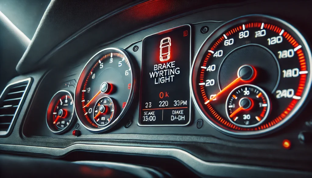 Car dashboard showing the brake warning light on.