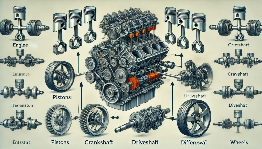 Diagram of engine components showing the generation and transfer of torque to the vehicle's wheels.