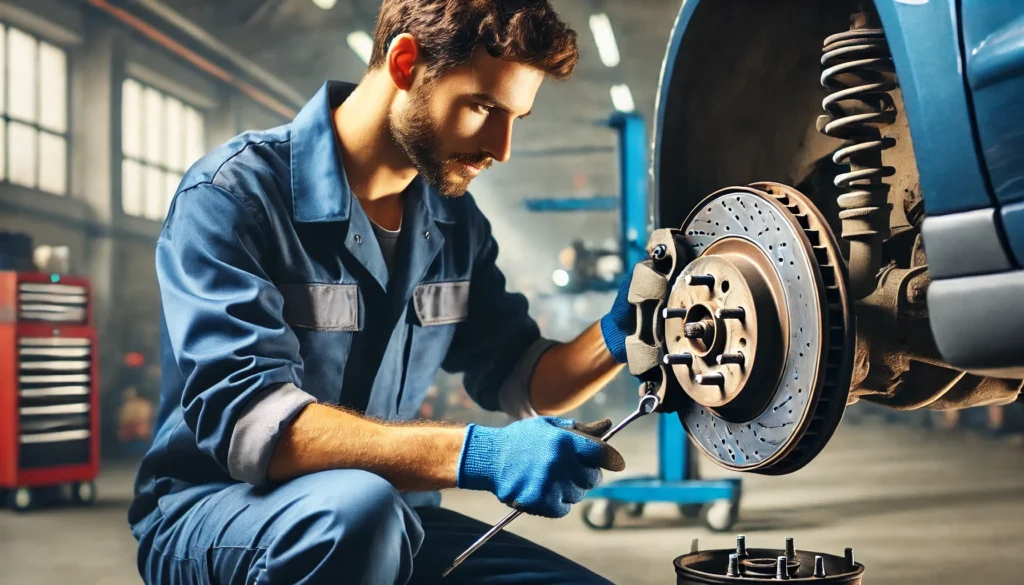 Mechanic checking brake calipers for signs of sticking or seizing.