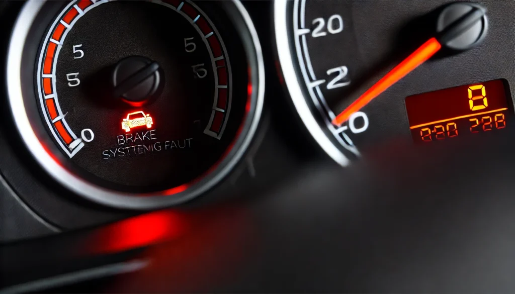 Car dashboard showing the brake warning light on.
