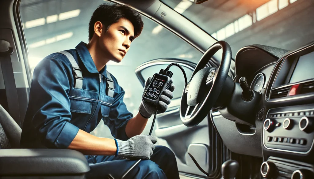 Mechanic using a diagnostic tool to check for brake and engine starting faults.