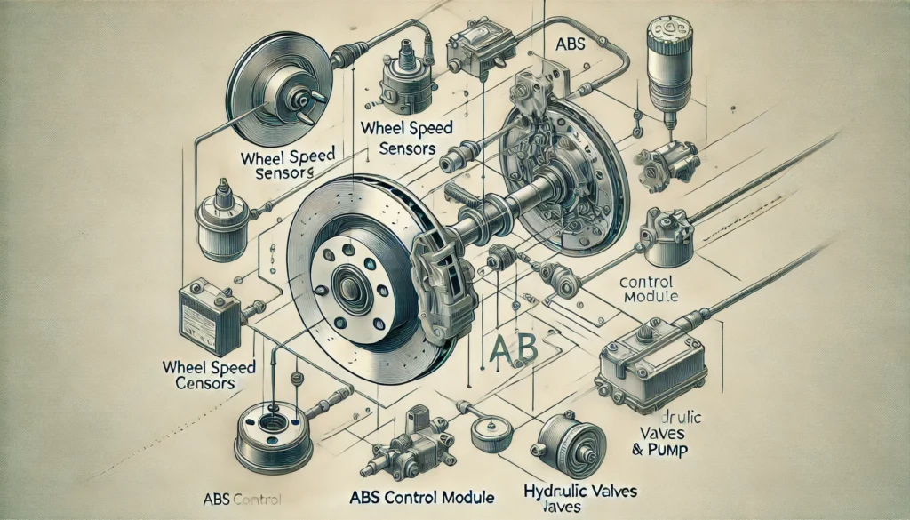 Diagram of ABS system components and their functions.
