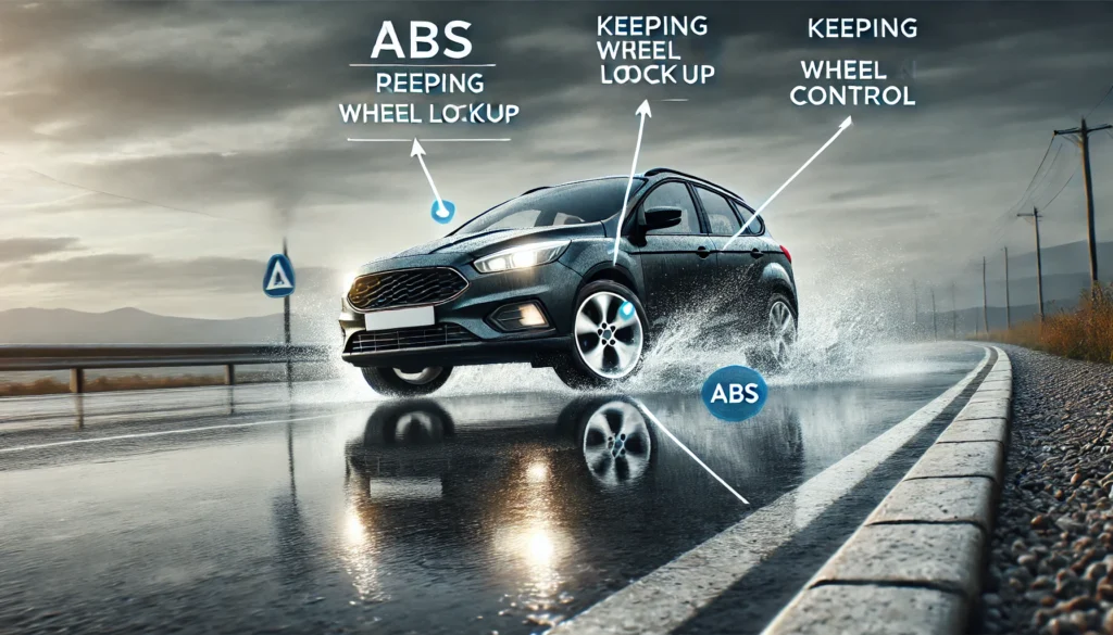 Car skidding on a wet road, showing the impact of ABS in preventing accidents.