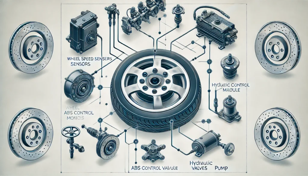 Diagram of ABS system components and their functions.