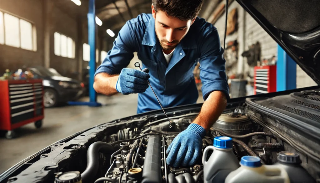 Mechanic inspecting the engine oil level on a dipstick.