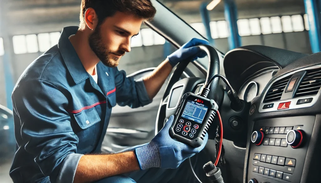Mechanic using a diagnostic tool to check for ABS faults.