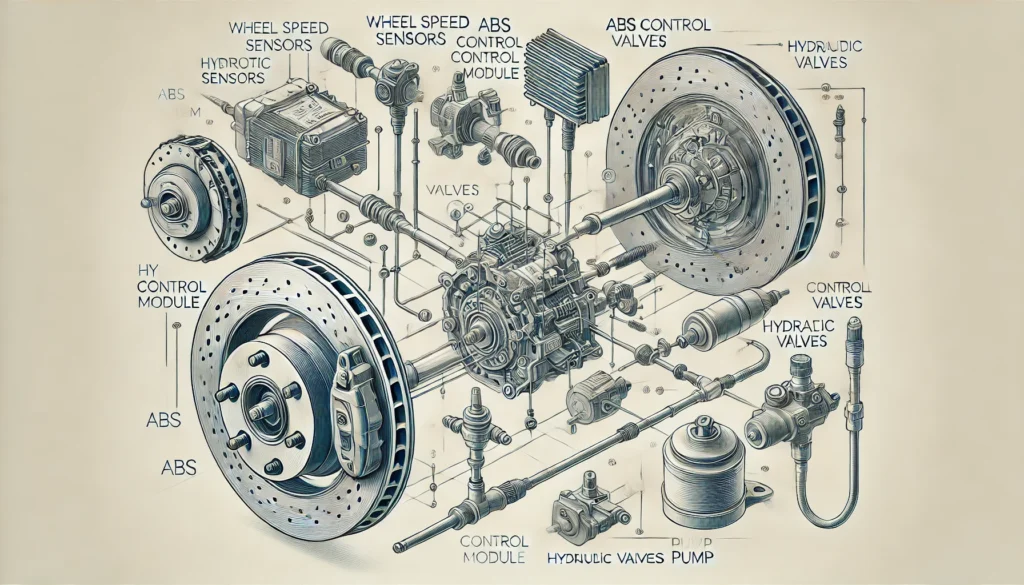 Diagram of ABS system components and their functions.