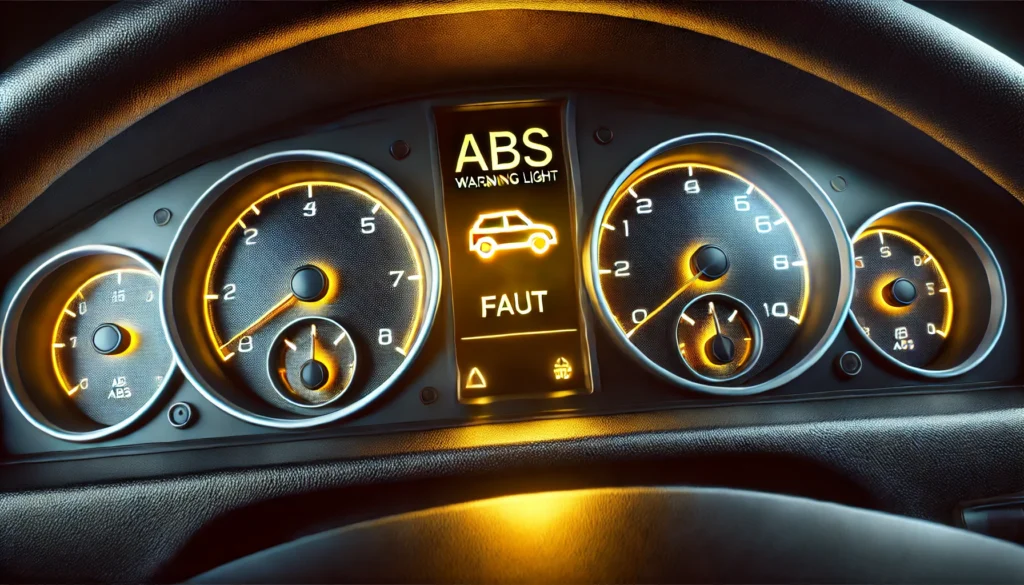 Car dashboard showing the ABS warning light on.