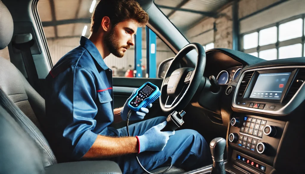 Mechanic using a diagnostic tool to check for ABS and engine faults.