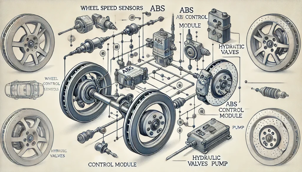 Diagram of ABS system components and their functions.
