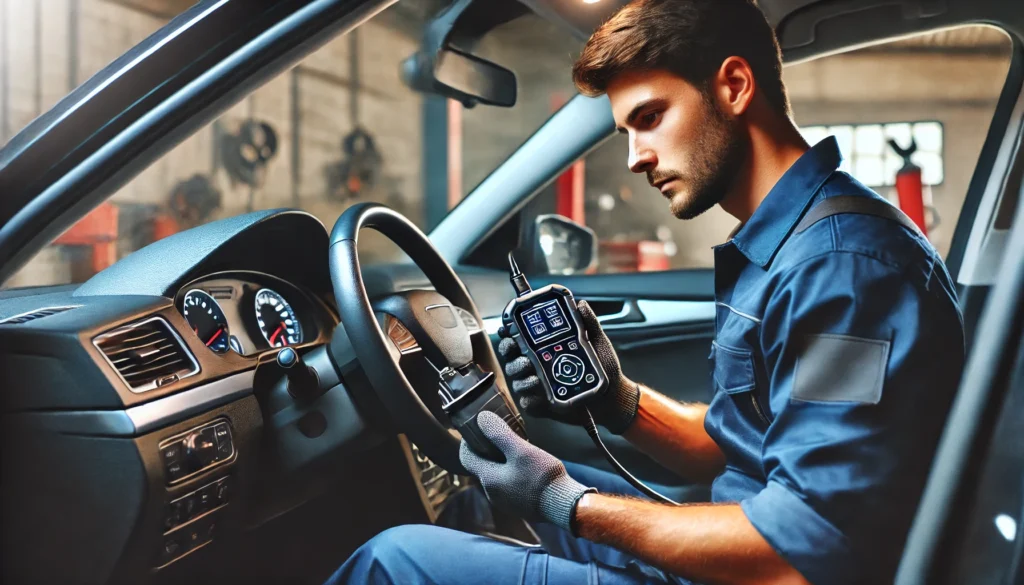 Mechanic using a diagnostic tool to check for ABS and engine faults.