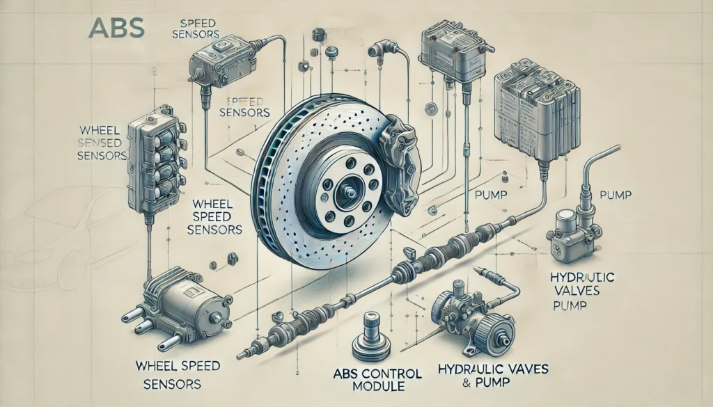 Diagram of ABS system components and their functions.