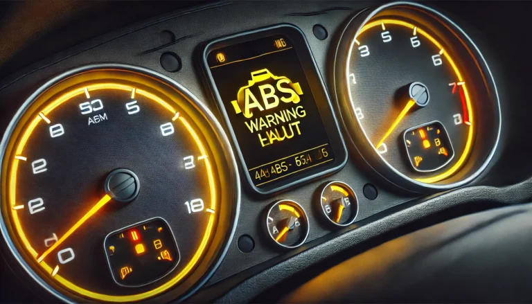 Car dashboard showing the ABS warning light on.