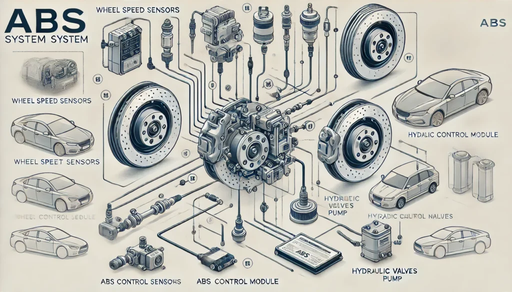 Diagram of ABS system components and their functions.