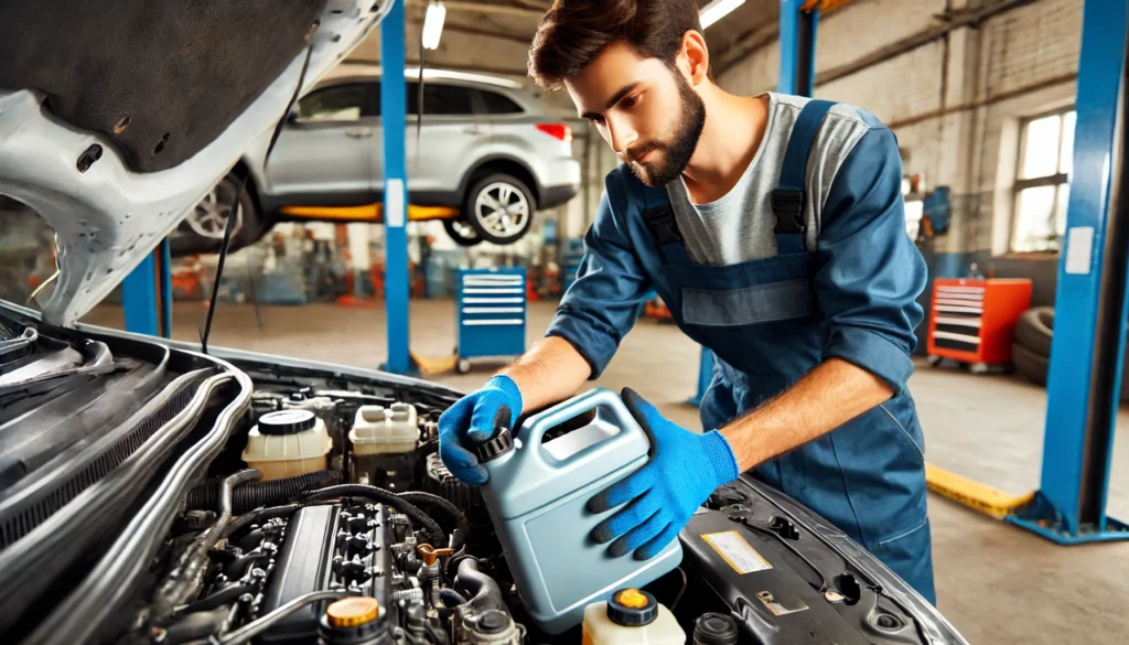 Mechanic checking the brake fluid level in a vehicle.