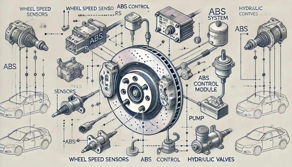 Diagram of ABS system components and their functions.