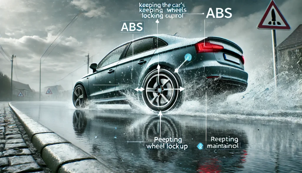 Car skidding on a wet road, showing the impact of ABS in preventing accidents.