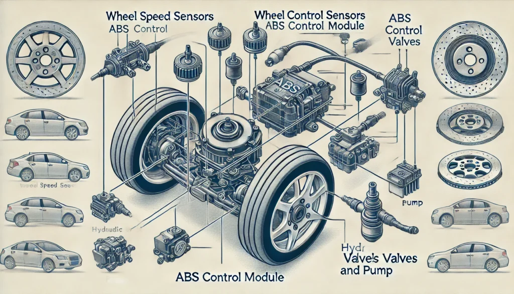 Diagram of ABS system components and their functions.