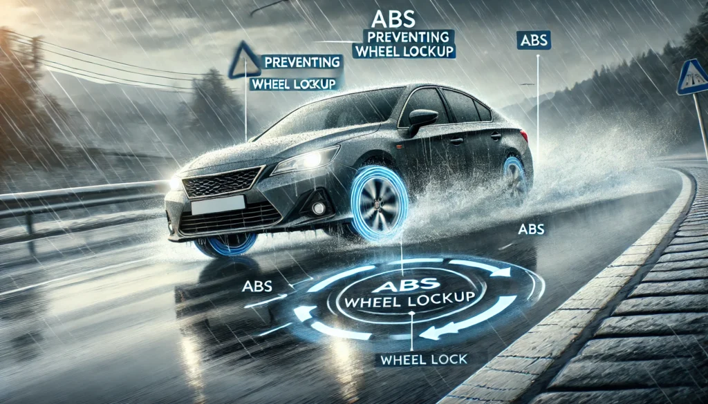 Car skidding on a wet road, showing the impact of ABS in preventing accidents.
