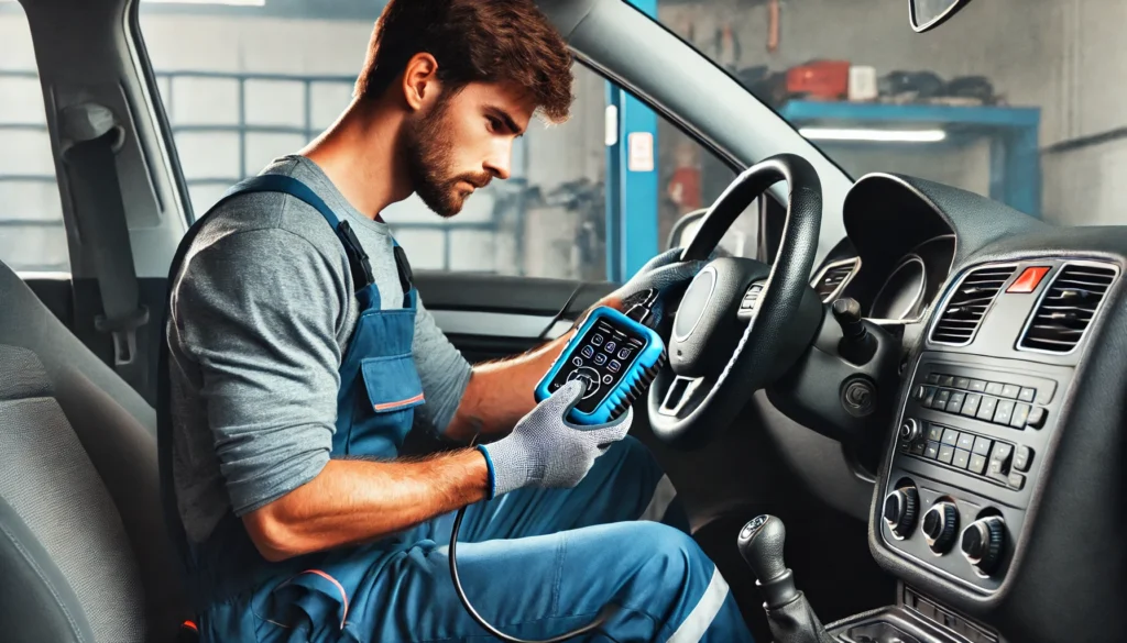 Mechanic using a diagnostic tool to check for ABS system faults.