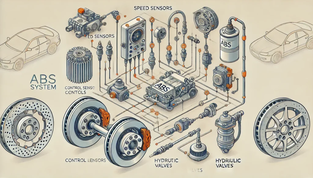 Diagram of ABS system components and their functions.