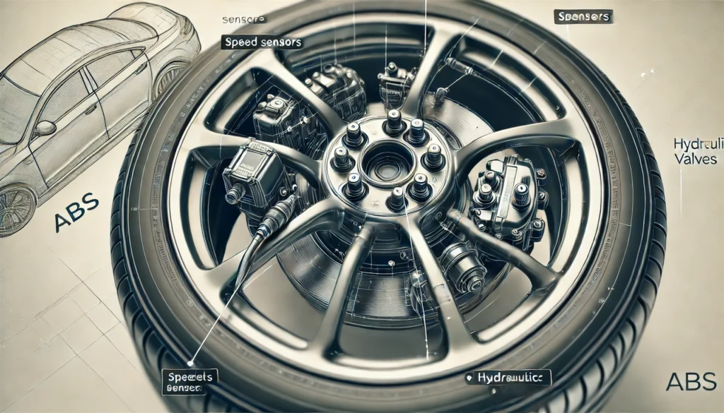 Car wheel with ABS components highlighted, showing speed sensors and hydraulic valves.