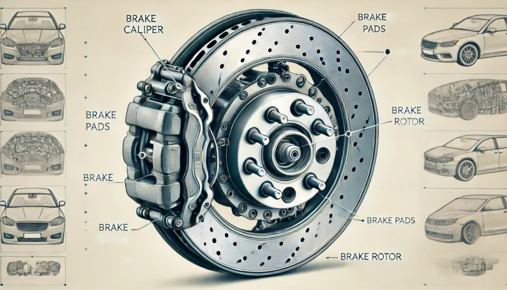 Car wheel showing brake caliper, brake pads, and brake rotor.