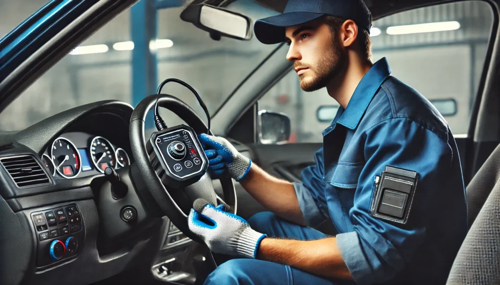 Mechanic using a diagnostic tool to check for brake system faults.