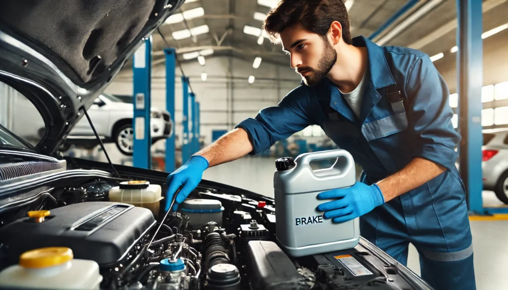 Mechanic checking the brake fluid level in a vehicle.