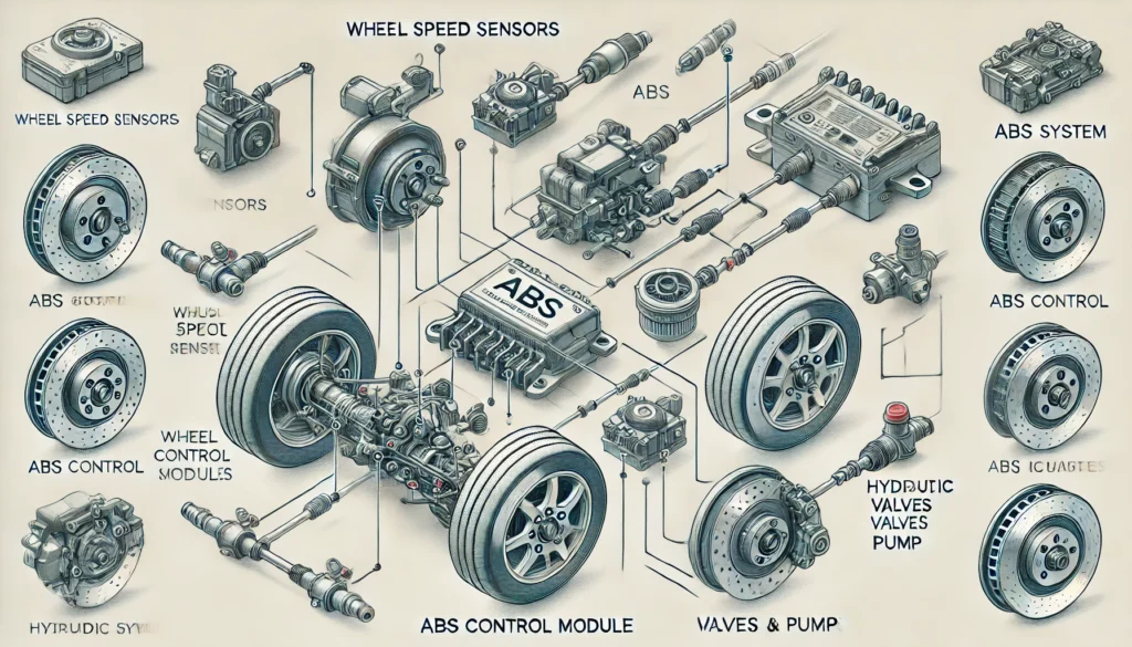 Diagram of ABS system components and their functions.