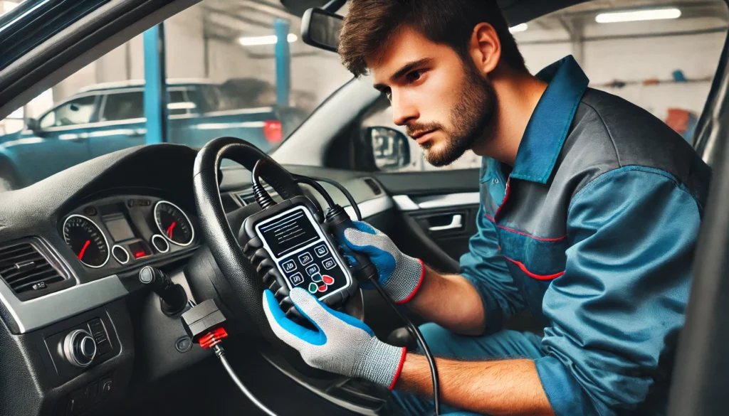 Mechanic using a diagnostic tool to check for ABS system faults.