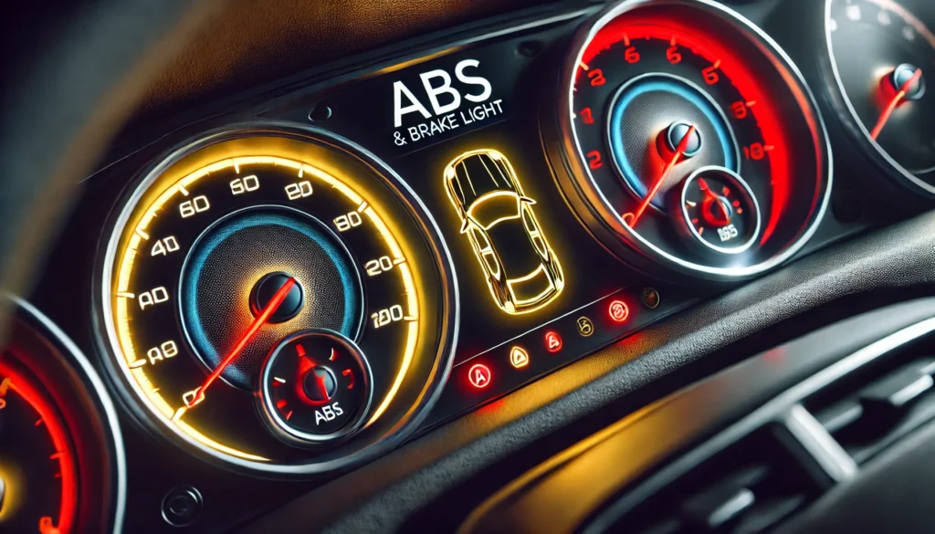 Car dashboard showing ABS and brake warning lights on.
