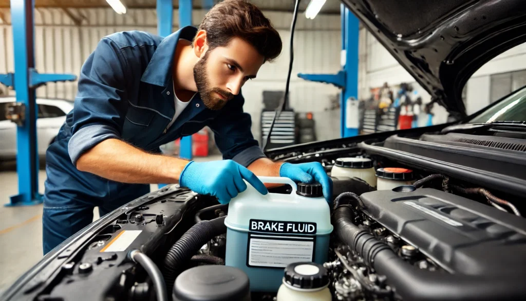 Mechanic checking the brake fluid level in a vehicle.
