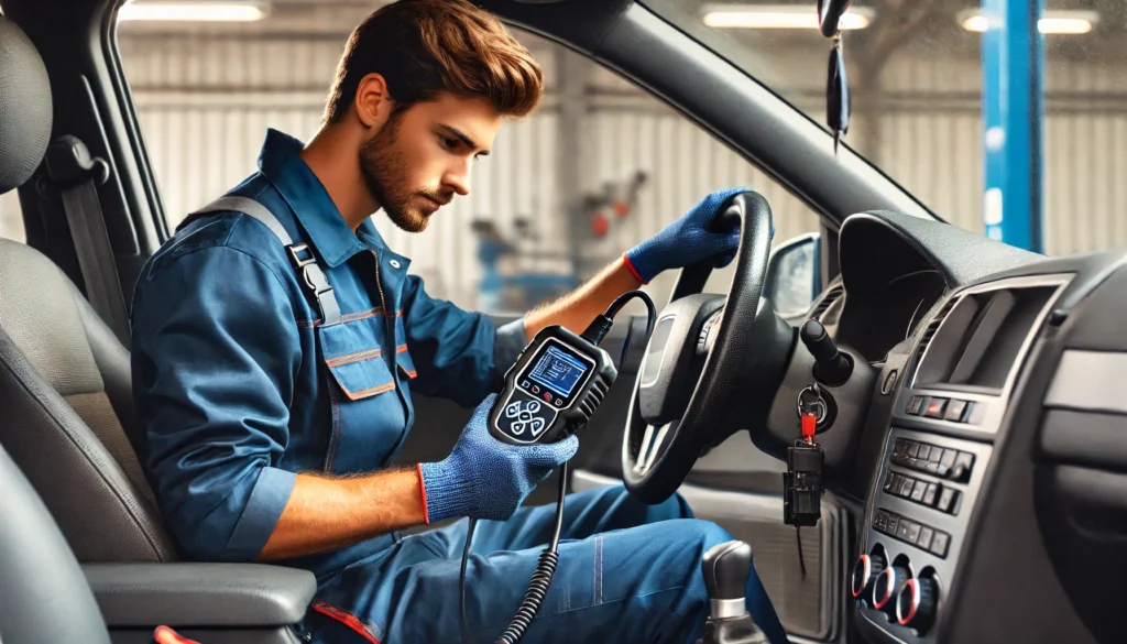 Mechanic using a diagnostic tool to check for ABS system faults.