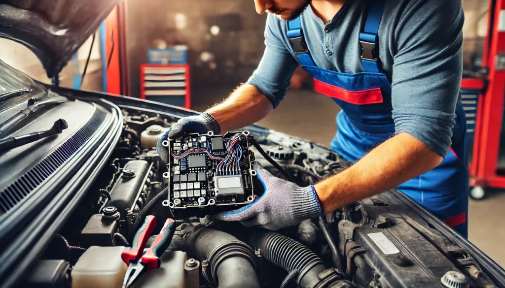Mechanic working on replacing a faulty ABS control module.