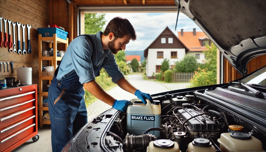 Mechanic checking the brake fluid level in a vehicle.