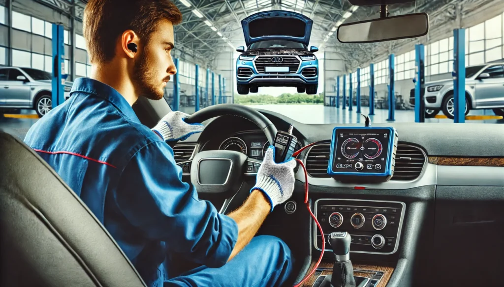 Mechanic using a diagnostic tool to check the brake system of a vehicle.