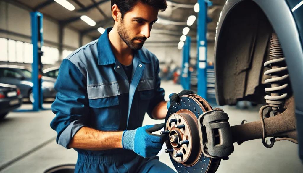 Mechanic checking worn brake pads and rotors on a car.