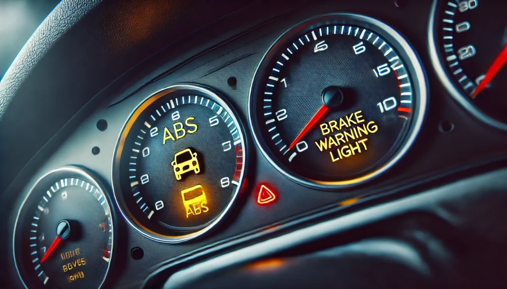 Car dashboard showing ABS and brake warning lights on.