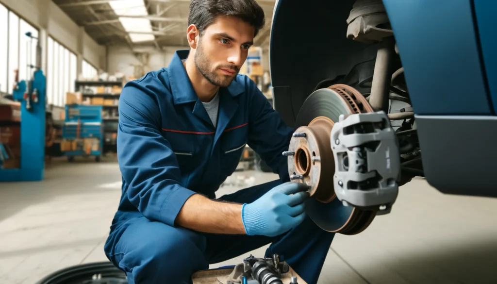 Mechanic checking the brake system of a vehicle.