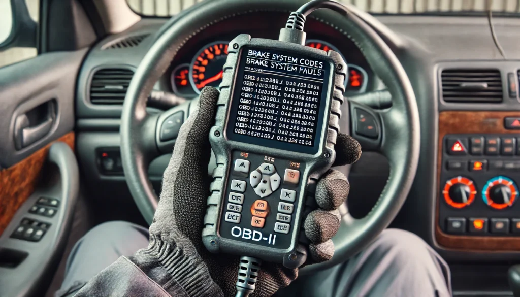 OBD-II scanner showing brake system error codes on its screen.