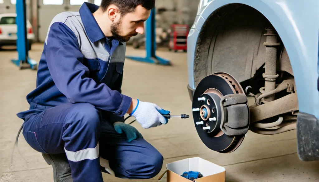 Mechanic checking a wheel speed sensor on a car wheel.