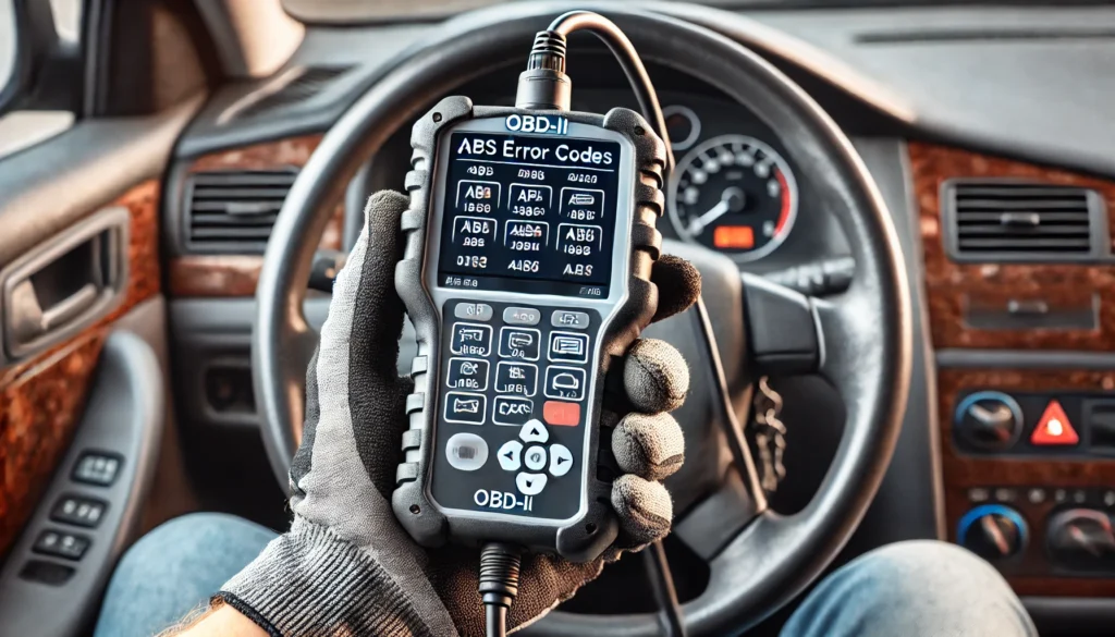 OBD-II scanner showing ABS error codes on its screen.