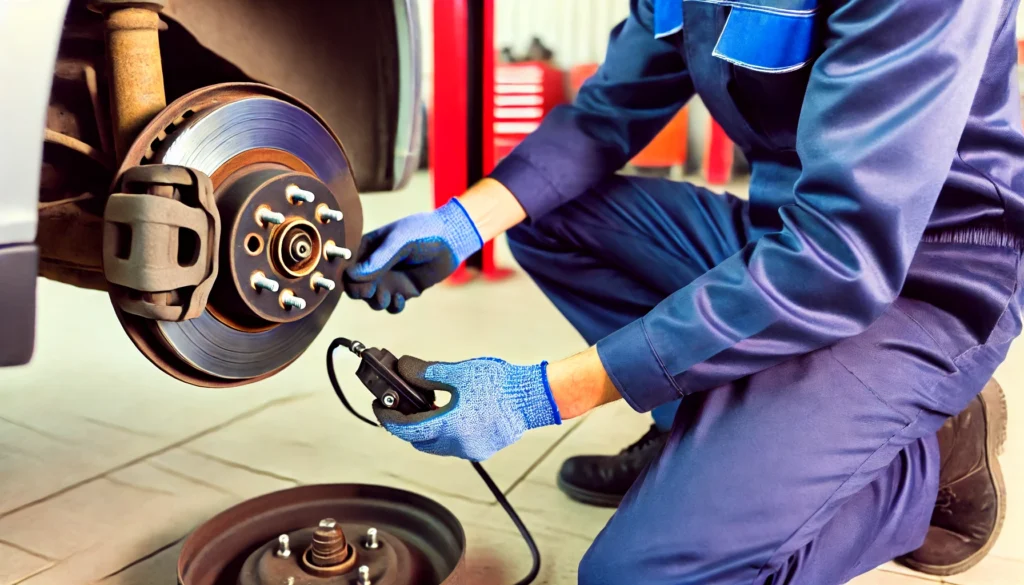 Mechanic checking an ABS sensor on a car wheel.