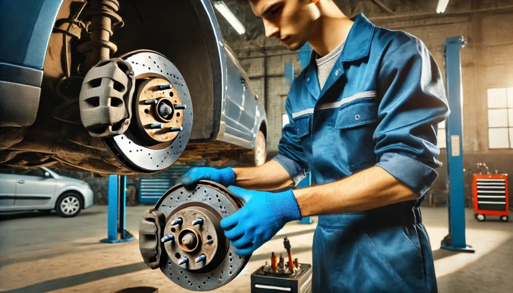 Mechanic checking the condition of brake pads and rotors.
